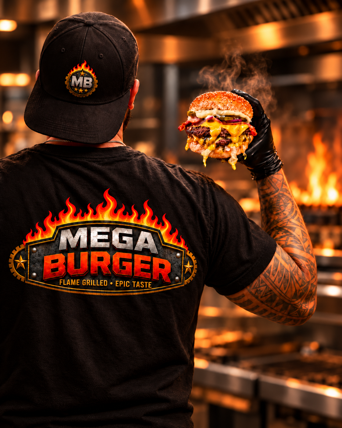 Mega Burger cook holding a flame-grilled double cheeseburger aloft in front of the kitchen grill